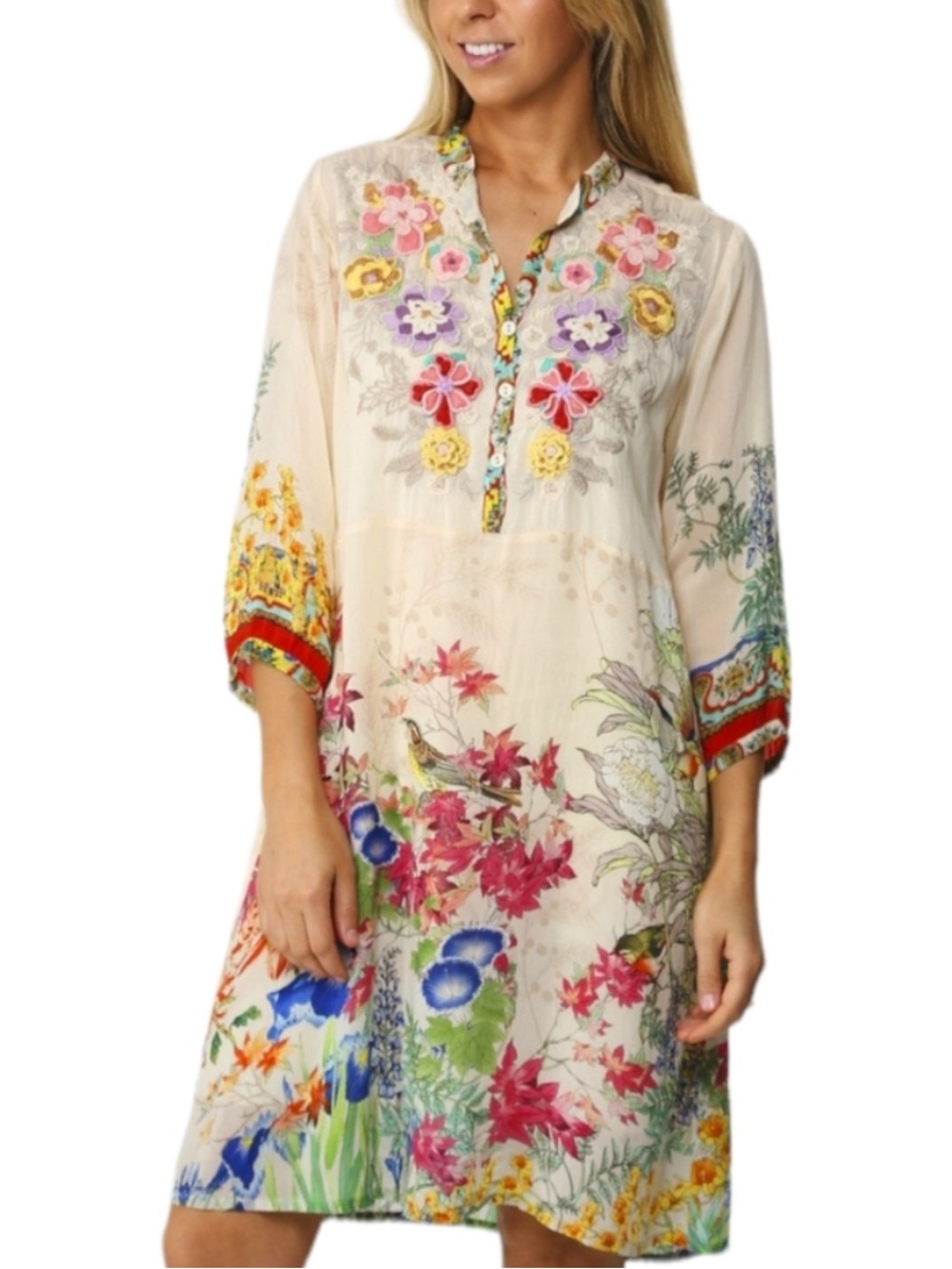 Johnny Was Cream Midi Wysteria Dress with Multicolor Floral Embroidery - Picture 2 of 7